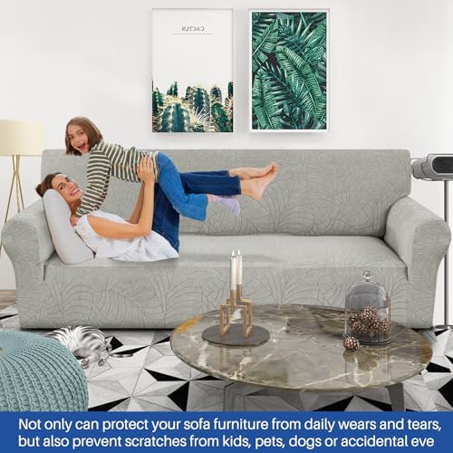 YEMYHOM Couch Cover Latest Jacquard Design High Stretch Extra Large Sofa Covers Pet Dog Cat Proof Oversized Slipcover Non Slip Magic Elastic Furniture Protector (X-Large, Begonia Leaf Light Gray) - Image 2