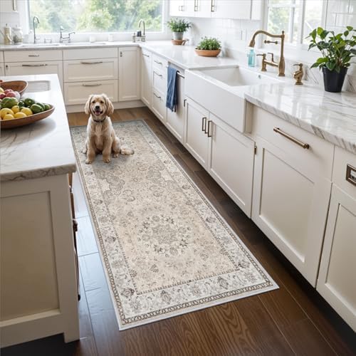 Hallway Washable Runner Rug - 3x6 Kitchen Rugs Entryway Rug Runner Vintage Soft Floor Mat Non Slip Indoor Farmhouse Carpet for Bathroom Living Room Bedroom (3 X 6, Beige) by HYHAOYUNLAI