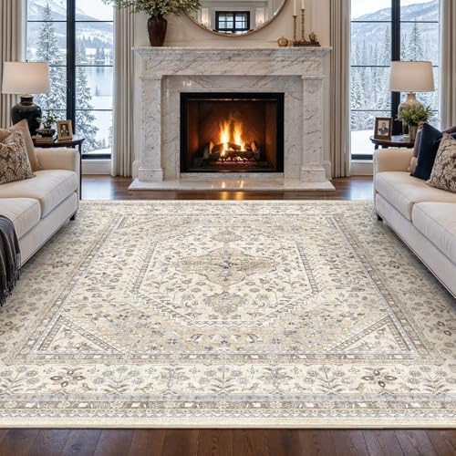 Puino 10x10 Square Washable Area Rug - Non-Slip Living Room Rugs Beige Gray - Image 4
