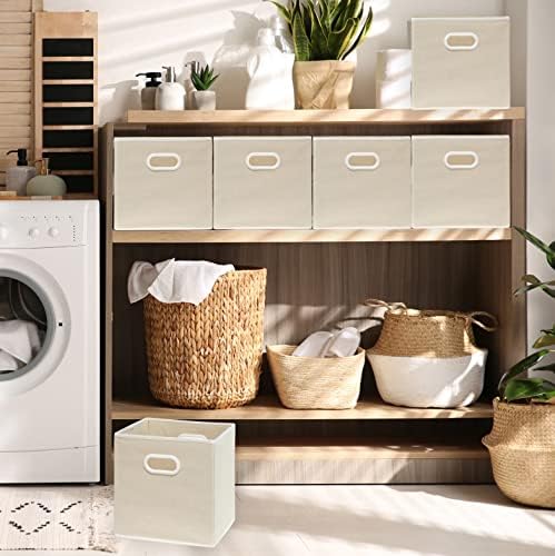 Simple Houseware 11-Inch Foldable Cube Storage Bins with Handles, Beige - Image 3