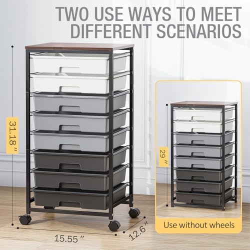 Rolling Storage Cart with 8 Drawers, Utility Cart on Wheels with Wooden Tabletop, Utility Cart for Teacher Storage, Office Organizer, Classroom Storage Cart, Craft Storage, Grey - Image 3