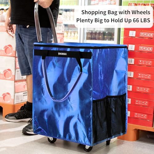 Medium Blue Reusable Grocery Bag on Wheels, Foldable Rolling Tote Bag, - Image 6