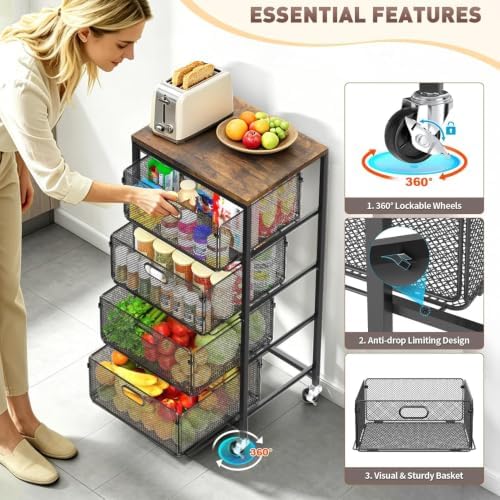 SUNALLY Kitchen Storage Cart with Drawers,Metal Snack Cart Organizer,Black - Image 4