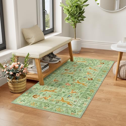 DUKINO 2x5 Rug for Hallway, Washable Animal Runner Rug Non Slip Light Green by DUKINO