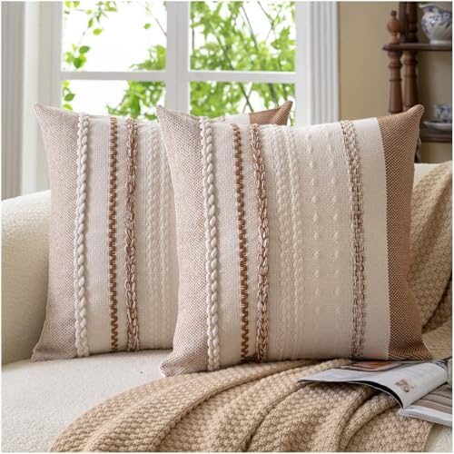 Cethom Boho Throw Pillow Covers 18x18 Inch Set of 2, Brown Textured Decorative Couch Pillow Cases for Farmhouse Home Decor, Accent Cushion Cover for Sofa, Bed, Living Room, Bedroom by Cethom