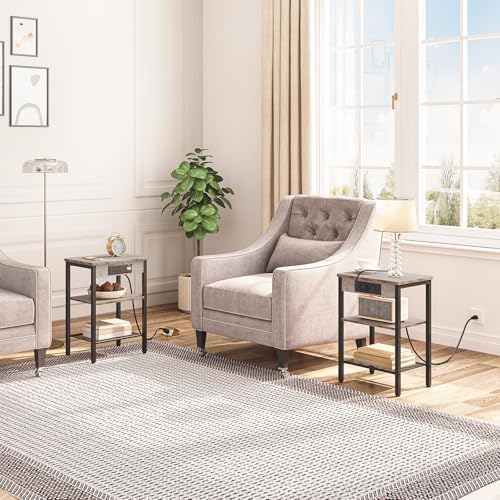 HOOBRO Side Table with Charging Station and USB Port, Small End Table for Small Space, 3-Tier Nightstand with Adjustable Shelf, for Living Room, Bedroom, Greige and Black BG112BZ01 - Image 2