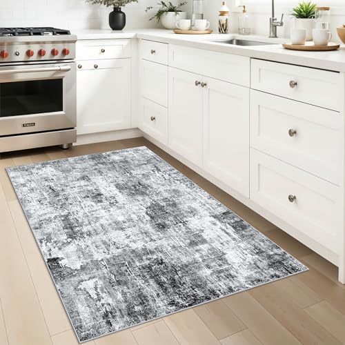 3x4 Washable Entryway Area Rug - Non-Slip Modern Small Indoor Mat for Bathroom,Living Room,Bedroom - Abstract Neutral Soft Low-Pile Throw Carpet with Rubber Backing（Grey） - Image 3