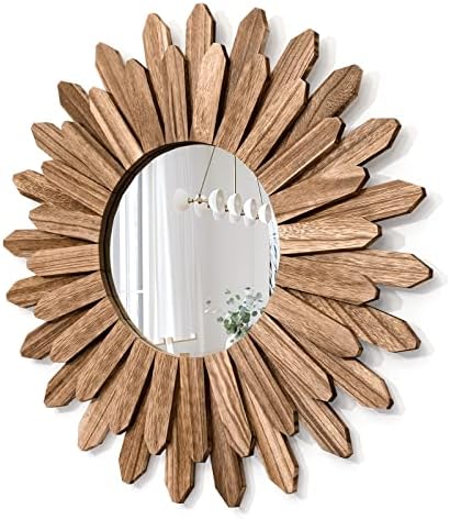 Honiway Mirror Wall Decor 21 inch Rustic Wood Boho Aesthetic Mirror for Room & Home Decor Farmhouse Wall Decor at Living Room Bedroom Carbonized Black by Honiway