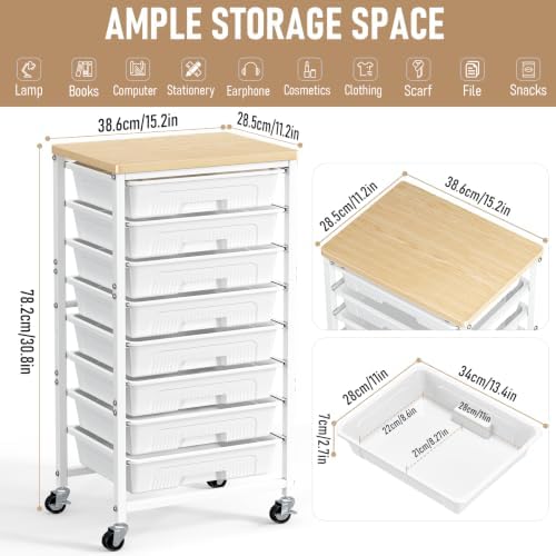 caktraie 8-Drawers Rolling Cart, Craft Storage Utility Cart, White layer - Image 2