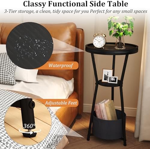 Yusong Round Side Table, Small Drink Table for Small Spaces, 3-Tier Industrial End Table, Accent Nightstand Bedside Table for Living Room, Bedroom, Sofa Couch, Black - Image 4