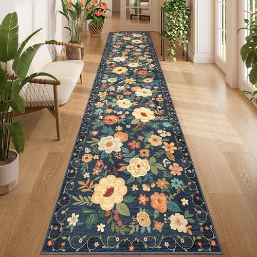DUKINO 2.6x12 Kitchen Runner Rug, Floral Non Slip Washable Rug, Navy Blue by DUKINO