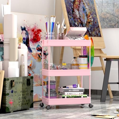 SPACEKEEPER 3 Tier Rolling Cart, Bathroom Cart Organizer with Wheels, Pink - Image 2