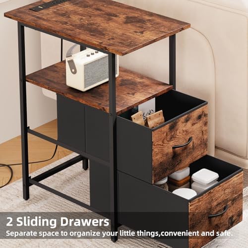 Somdot End Table Set of 2 with Charging Station, 2 Drawers, Slim Side Table - Image 4