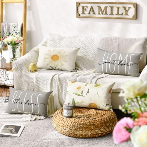 AVOIN colorlife Home Sweet Home Spring Summer Flowers Throw Pillow Covers, 12 x 20 Inch Grey Cushion Case for Sofa Couch Set of 4 - Image 2