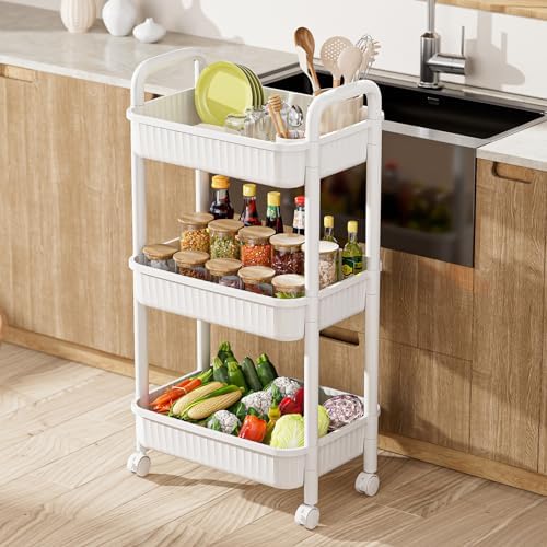 JOYZAN 3 Tier Rolling Carts with Wheels, Utility Cart with Handle and Locking Caster, Storage Cart for Kitchen, Office, Bedroom, Suitable for Diaper, Art Tools, Snack, Craft Storage Cabinet, White - Image 2