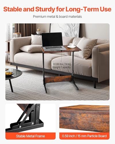 VEVOR C Table, Folding C Shaped End Table with Metal Frame & Adjustable Feet, Foldable C Shaped Side Table for Living Room Bedroom Office, 23.62 x 14.57 x 27.56 inch TV Tray, Brown and Black - Image 6