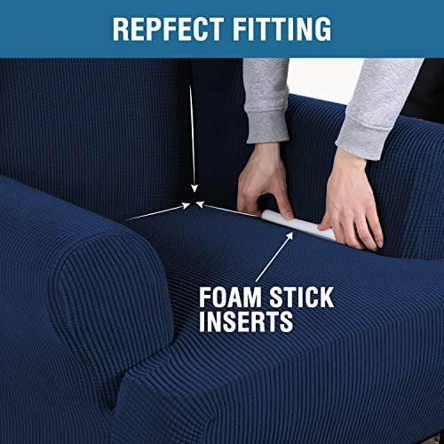 H.VERSAILTEX Wing Chair Slipcover Chair Covers for Wingback Chairs Wingback Chair Covers Slipcovers 1 Piece Stretch Sofa Cover Furniture Protector Soft Spandex Jacquard Checked Pattern, Navy - Image 5