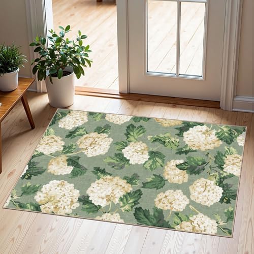 Front Door Mat Outside Entrance - 2x3 Sage Green Floral Entry Rug by Othilic
