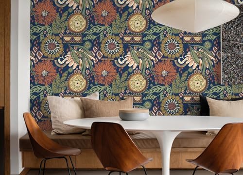 HAOKHOME Boho Peel and Stick Wallpaper Green Floral Bathroom 17.3inx 32.8ft | Large Roll Renter Friendly Removable Waterproof Stick on Textured Wall Paper Navy Orange Vintage Bedroom Accent Wall Decor - Image 5