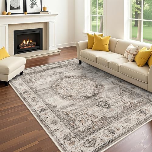 Washable Rugs 7x9 Area Rug：Large Rugs for Living Room - Oriential Distressed Printed Floral Carpet - Non Slip with Rubber Backing Area Rug 7'x9' Beige by YOUFORTONG