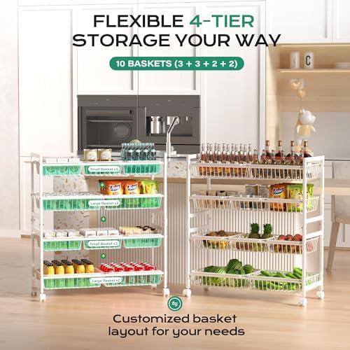 Cinati 4-Tier Snack Cart with Wheels, 29''W Toy Storage Organizer, Rolling Pantry Storage Cart with 10 Wire Baskets & Handle,Adjustable Metal Snack Rack, Kitchen Organizer for Fruit, Vegetables(White) - Image 2