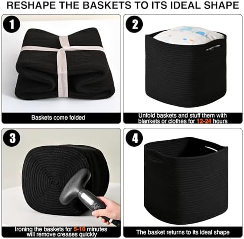 ICERZCZ 11 Inch Cube Storage Bins, Storage Cube Organizer Bins, Woven Cotton Rope Basket for Storage, Storage Baskets for Organizing Shelves, Square Baskets for Toys, Black (Pack of 3) - Image 7