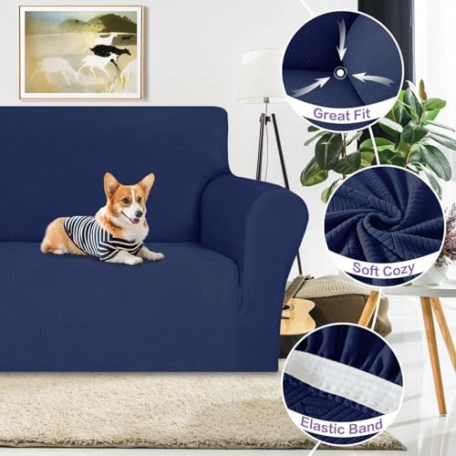 ZNSAYOTX Super Stretch Loveseat Covers (57"-70"), New Striped Love Seat Slipcover, Dogs Pet Friendly Anti-Slip Couch Protector Spandex Durable 2 Seater Fabric Sofa Cover (Navy Blue, Loveseat) - Image 4