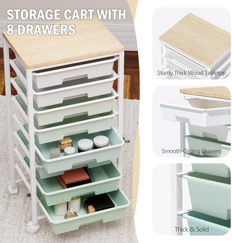 Rolling Cart with 8 Drawers, Storage Drawers Cart with Wooden Tabletop and Lockable Wheels, Craft Storage for Living Room, Office, Classroom, Craft Room, Bedroom - Image 5