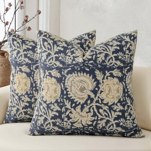 Vintage Floral Print Throw Pillow Covers 22x22 Set of 2 Neutral Modern Farmhouse Pillow Cases Accent Decorative Cushion Covers Boho Home Decor for Couch Sofa Chair Bed Living Room, Navy by DKwizme