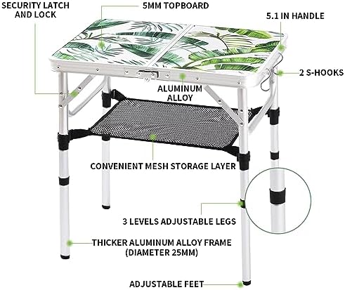 Folding Camping Table 2ft Portable Picnic Table, Monstera Palm Leaves - Image 4