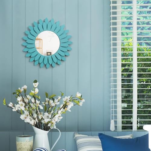 Honiway Beach Wall Decor Mirror 2 Pack 12 inch Wood Coastal Wall Decor Sunburst Boho Home Decor Room Decor for Bedroom Living Room Entryway Cyan - Image 4