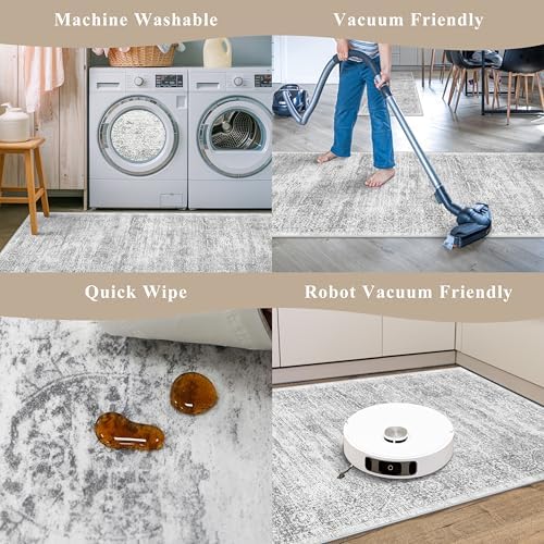 Washable Non-Slip 3 Piece Kitchen Rugs Set – Modern Boho Low-Pile Area Rugs and Runner for Entryway Bathroom Hallway – Decorative Small Indoor Rugs (Grey Ivory, 2x3+2x4+2x5) - Image 7