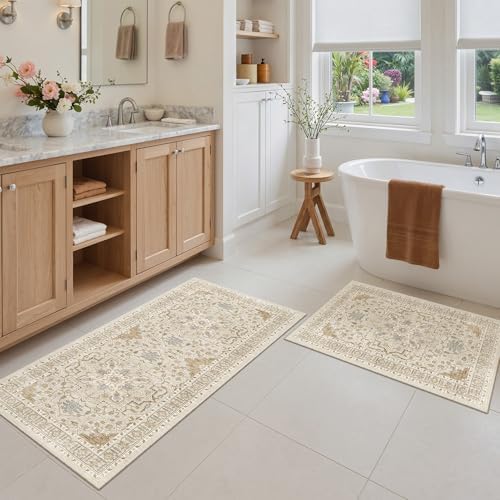 Madane 2-Piece Area Rugs Set, Small Kitchen Runner Non-Slip, Beige/Blue - Image 2