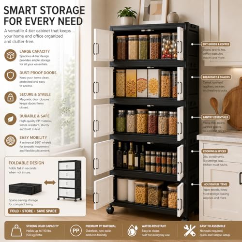 4 Tier Foldable Storage Cabinet with Wheels and Magnetic Doors, Premium PP Material Large Storage Organizer, Space-Saving Utility Storage for Home, Apartments, Dorm, Office, Rv - Image 6