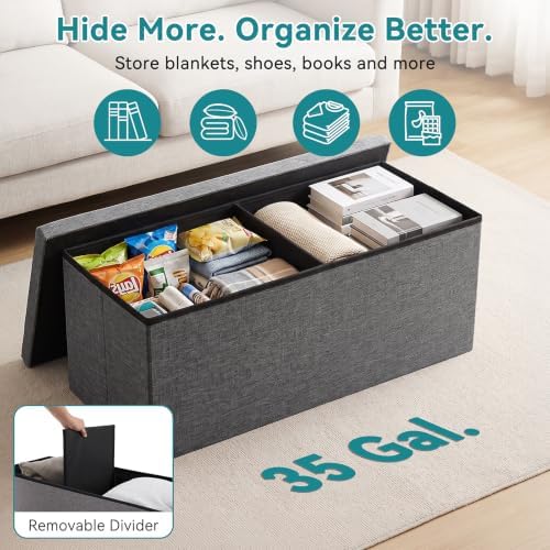 OLIXIS 43 Inch Folding Storage Ottoman Bench, Gray Ottoman with Storage - Image 5