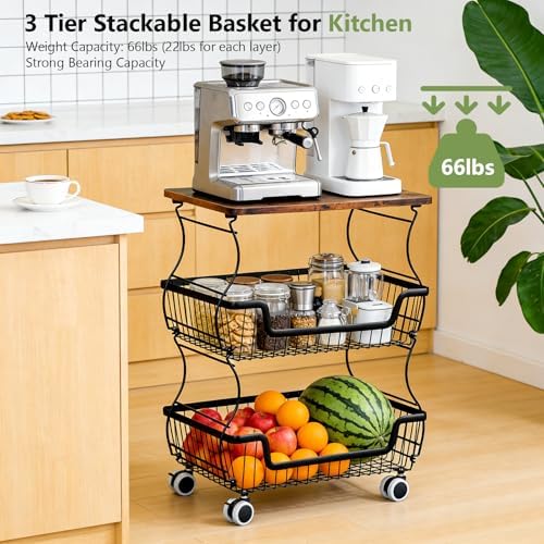 Kitchen Storage Cart on Wheels, 3 Tier Rolling Stackable Pantry Floor Organizer, Kitchen Fruit Basket Stand for Home Removable Metal Vegetable Rack Wire Snack Cart - Image 3