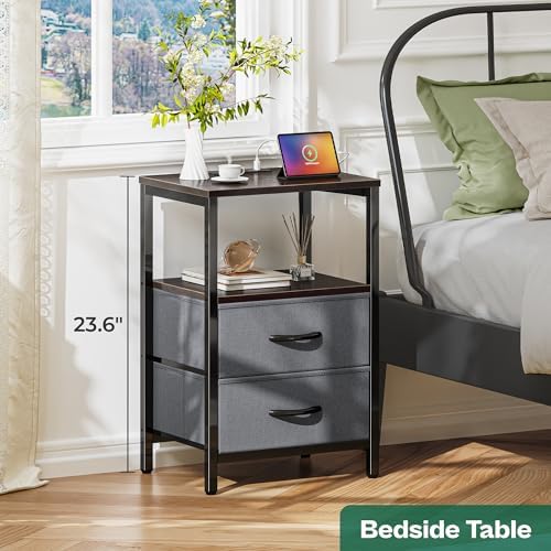 Huuger Nightstand with Charging Station, Side Table with Fabric Drawers - Image 4