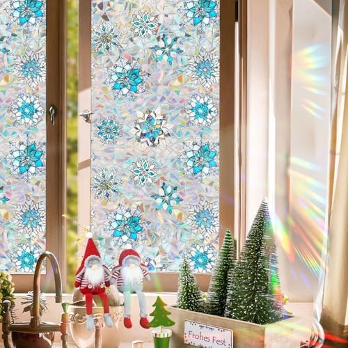 Christmas Snowflake Window Film Stained Privacy Rainbow Window Sticker Christmas Blue White Snowflake Designs Xmas Glass Decals Static Cling for Home Office School Holiday Party Decor - Image 3