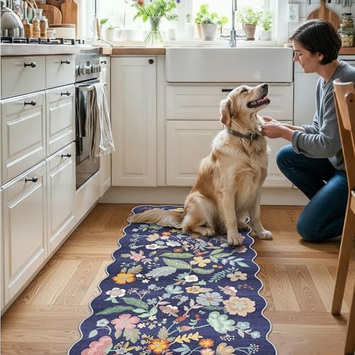 2x5 Washable Hallway Runner Rug: Stain Resistant Floral Scalloped Kitchen Rug Farmhouse Soft Carpet for Bathroom Bedroom Laudry Entryway Floor Mat with Non Slip Backing Cute Home Decor(2x5,Purple) - Image 5