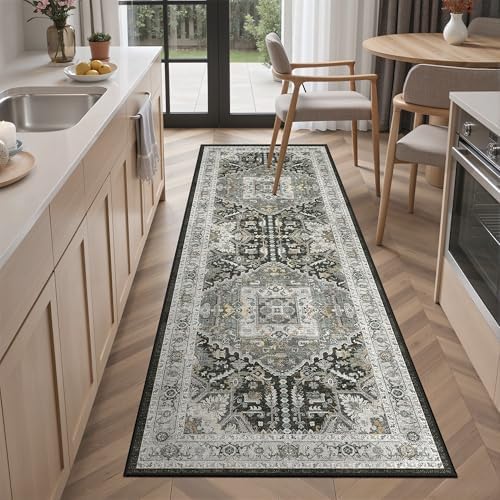 Madane Washable Runner Rug 2x6 Runners for Hallways, Grey Green/Black Olive - Image 2