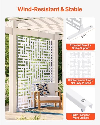 VEVOR Metal Privacy Screen, 47" W x 76" H Outdoor Privacy Screens 3-Panel, Freestanding Outdoor Divider with Stand, Decorative Garden Steel Privacy Fence for Balcony Patio Indoor Room Hot Tub White - Image 3