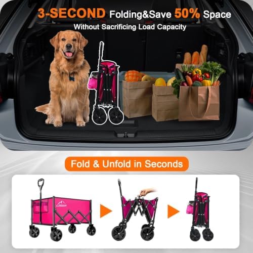 AMNOW 100L Collapsible Wagon Cart with All Terrain Wheels, 350LBS, Rose - Image 7