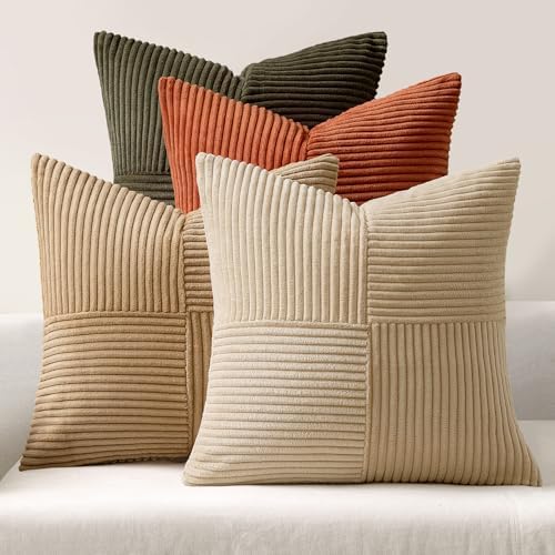 MIULEE Rust-Olive Green Decorative Throw Pillow Covers 18x18 Inch Set of 4 Boho Color-Clash Cushion Cases Farmhouse Pillow Cases Corduroy Striped Home Decor for Couch Sofa Living Room Bed by MIULEE