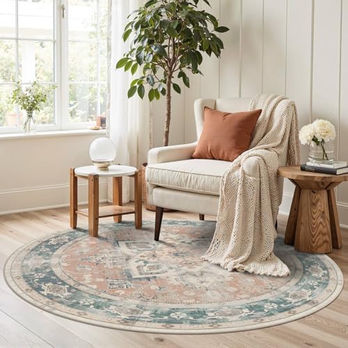 Orange Round Rug for Bedroom, Vintage Circle Rug(4ft) - Image 2