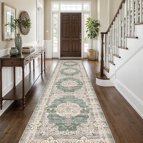 3x12 Runner Rug Washable Vintage: Non Slip Hallway Runners Green/Beige by Ksrau