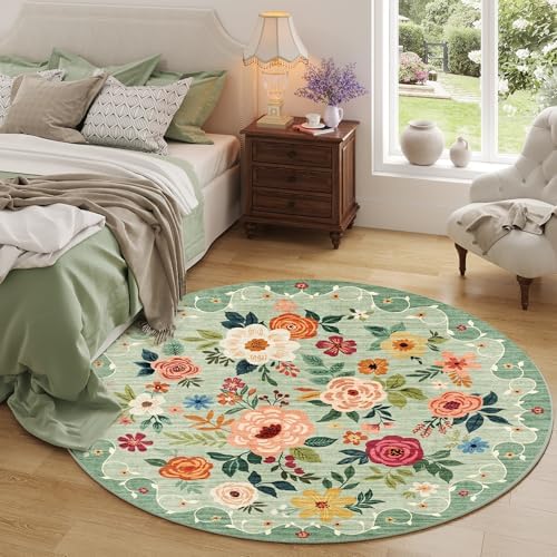 DUKINO 4ft Round Rug, Floral Washable Small Round Area Rug Non Slip, Green - Image 3