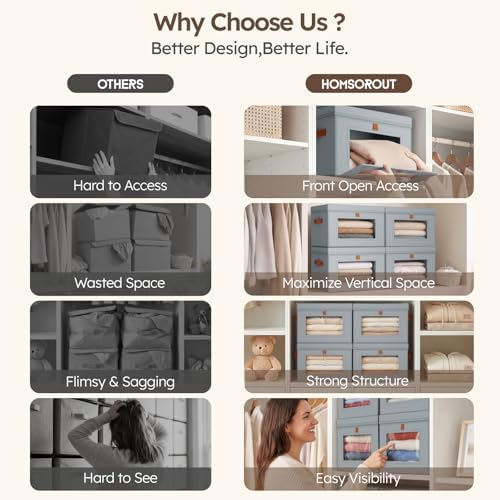 Homsorout Storage Bins with Lids - Front Opening Storage Box with Clear Window & Handles, Stackable Foldable Fabric Bins for Closet Organization, Clothes, Sweaters, Towels, Blankets, 6 Pack, Grey - Image 6