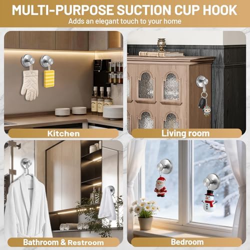 Large Suction Cup Hooks, Heavy Duty 15lb Holds Towel & Robe, No-Drill Shower Bathroom Hooks for Tile Wall Glass Mirror, Mounts on Smooth Non-Porous Surfaces (2 Pack, Brushed Nickel) - Image 4