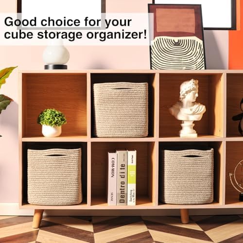 11 Inch Cube Storage Bins, Organizing Bins for Cube Organizer, Storage Baskets for Organizing, Woven Storage Basket for Shelves, Cotton Rope Toy Baskets Storage Kids, Brown (Pack of 3) - Image 4
