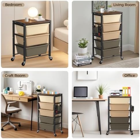 Rolling Cart with 3 Drawers, Plastic Drawer Storage Carts with Lockable Wheels & Wooden Tabletop, Metal Utility Cart Organizer, Office Bedroom Classroom Craft Organization and Storage, Dark Brown - Image 6